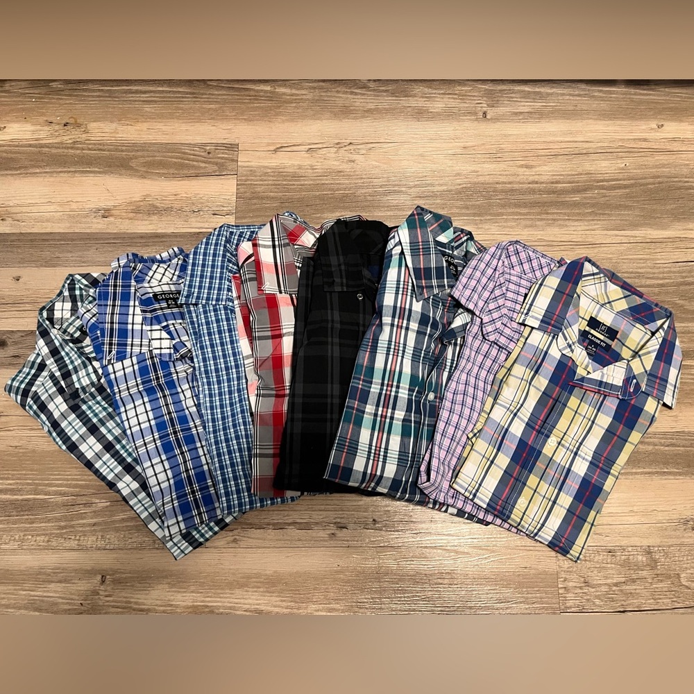8 George Men's Plaid Button-Down short sleeve polo Shirts - Multi Color Pack